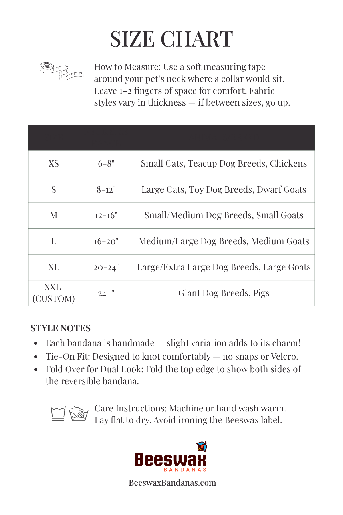 The image is a size chart for pet clothing, specifically dog bandanas. It provides measurements and styles for different sizes of dogs, ranging from small to large breeds.
