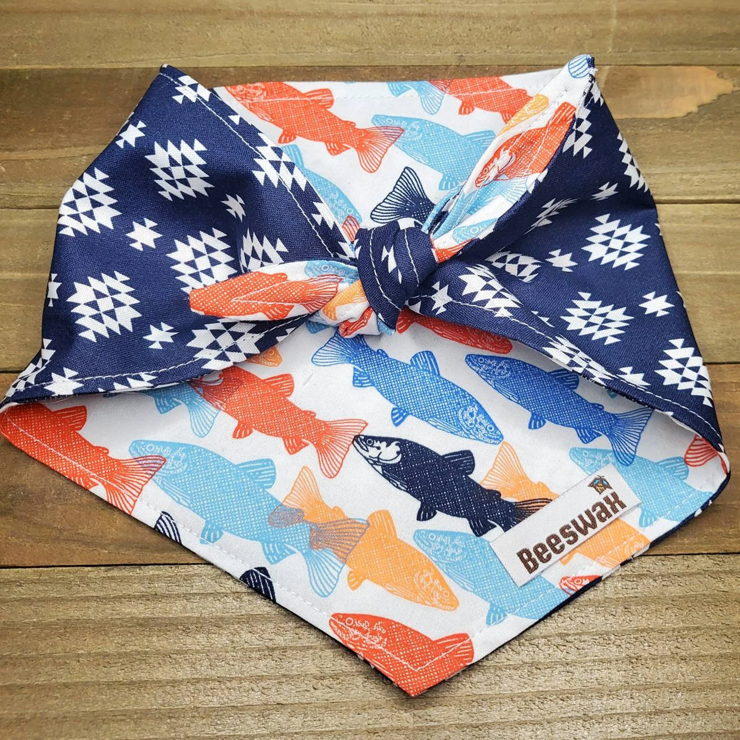 Big Fish Navy Aztec | Handmade Upcycled Reversible Pet Bandana