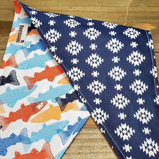 Big Fish Navy Aztec | Handmade Upcycled Reversible Pet Bandana
