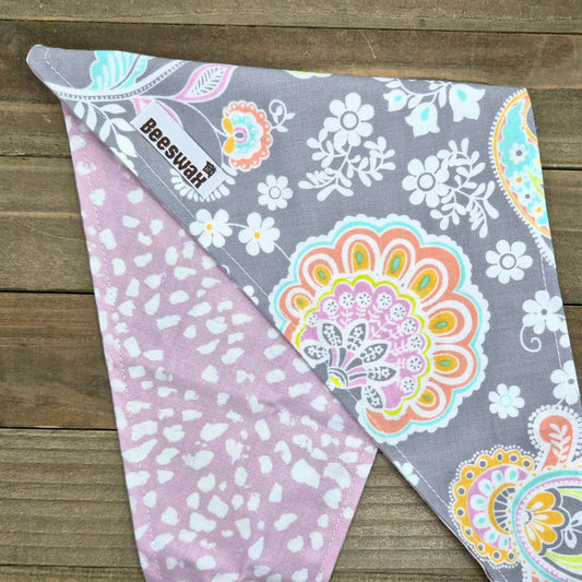 Gray Paisley Lavender Dot | Reversible Handmade Pet Bandana