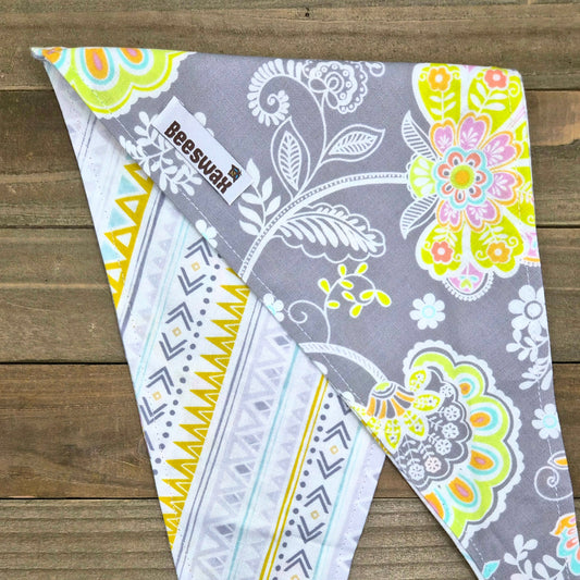 Gray Paisley White Aztec | Reversible Handmade Pet Bandana